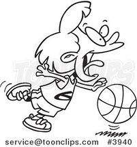 Cartoon Black and White Line Drawing of a Basketball Girl Dribbling by Toonaday