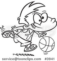 Cartoon Black and White Line Drawing of a Basketball Boy Dribbling by Toonaday