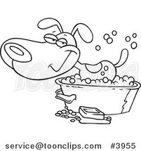 Cartoon Black and White Line Drawing of a Happy Dog Bathing in a Tub by Toonaday