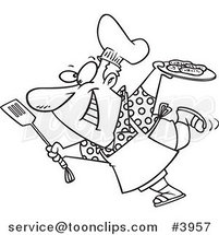 Cartoon Black and White Line Drawing of a Guy Carrying a Plate of Food to His Bbq by Toonaday
