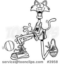 Cartoon Black and White Line Drawing of a Basketball Cat by Toonaday