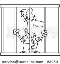 Cartoon Black and White Line Drawing of a Business Man Behind Bars by Toonaday