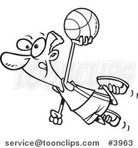 Cartoon Black and White Line Drawing of a Black Basketball Player Flying by Toonaday