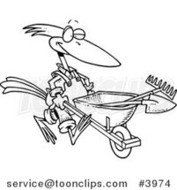 Cartoon Black and White Line Drawing of a Bird Landscaper Pushing a Wheel Barrow by Toonaday