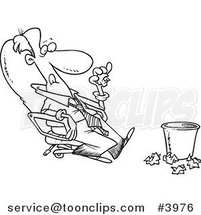 Cartoon Black and White Line Drawing of a Lazy Business Man Sitting in a Chair and Tossing Papers in a Waste Basket by Toonaday