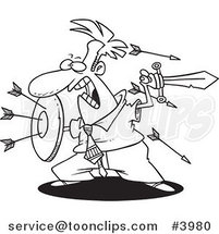 Cartoon Black and White Line Drawing of a Business Man Engaged in a Battle by Toonaday