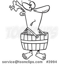 Cartoon Black and White Line Drawing of a Guy Wearing a Barrel by Toonaday