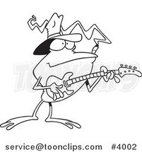 Cartoon Black and White Line Drawing of a Bass Guitarist Frog by Toonaday