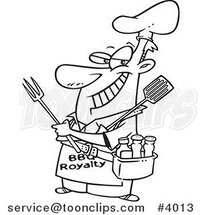 Cartoon Black and White Line Drawing of a Guy Wearing a Bbq Royalty Apron by Toonaday