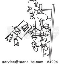 Cartoon Black and White Line Drawing of a Mason Carrying Bricks on a Ladder by Toonaday