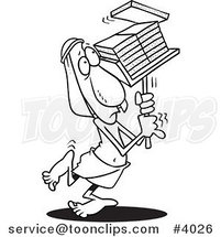 Cartoon Black and White Line Drawing of a Laborer Carrying Bricks by Toonaday