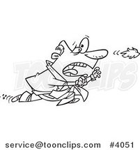 Cartoon Black and White Line Drawing of a Business Man Chasing His Toupee in the Wind by Toonaday