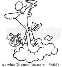 Cartoon Black and White Line Drawing of an Angel Holding a Broken Lyre by Toonaday