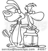 Cartoon Black and White Line Drawing of a Guy and Dog Standing Together by Toonaday