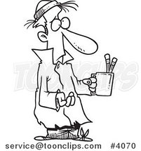 Cartoon Black and White Line Drawing of a Poor Guy Begging with a Pencil Cup by Toonaday