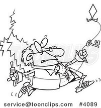 Cartoon Black and White Line Drawing of Ben Franklin Running with a Kite by Toonaday