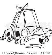 Cartoon Black and White Line Drawing of a Beater Car with Bandages and Flat Tire by Toonaday