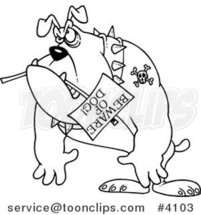 Cartoon Black and White Line Drawing of a Bulldog Carrying a Beware of Dog Sign by Toonaday