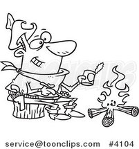 Cartoon Black and White Line Drawing of a Cowboy Baking Beans over a Camp Fire by Toonaday