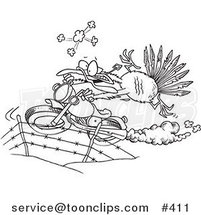 Cartoon Coloring Page Line Art of a Turkey Bird Escaping on a Motorcycle by Toonaday