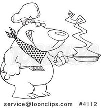 Cartoon Black and White Line Drawing of a Bear Chef Holding a Frying Pan by Toonaday