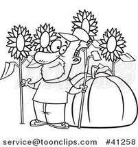 Cartoon Outlined Green Thumb Farmer with Sunflowers and a Giant Pumpkin by Toonaday