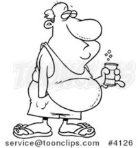 Cartoon Black and White Line Drawing of a Guy with a Beer Belly and Canned Beverage by Toonaday