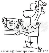 Cartoon Outlined Father Proudly Holding a Worlds Best Dad Trophy Cup by Toonaday