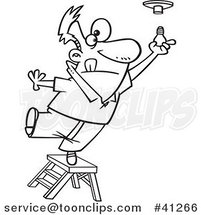 Cartoon Outlined Guy Standing on the Top of a Ladder and Installing a Light Bulb by Toonaday