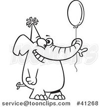 Cartoon Outlined Happy Birthday Elephant Holding a Balloon by Toonaday