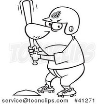 Cartoon Outlined Aggressive Baseball Player Batting at Home Base by Toonaday
