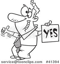 Cartoon Outlined Displeased Guy with a Thumb up Holding a YES Sign by Toonaday