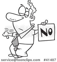 Cartoon Outlined Displeased Guy with a Thumb down Holding a NO Sign by Toonaday