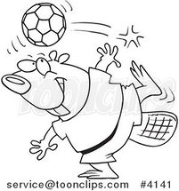 Cartoon Black and White Line Drawing of a Soccer Beaver by Toonaday