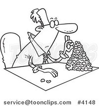 Cartoon Black and White Line Drawing of a Business Man Counting His Beans by Toonaday