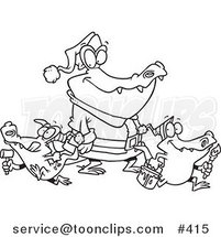 Cartoon Coloring Page Line Art of an Alligator Santa with Little Gator Elves by Toonaday