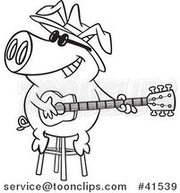 Cartoon Outlined Blues Pig Musician Playing a Guitar by Toonaday