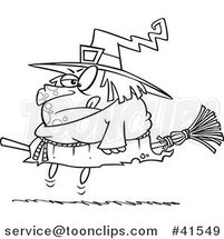 Cartoon Outlined Halloween Fat Witch on a Broomstick by Toonaday