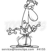 Cartoon Black and White Line Drawing of a Business Man Tightening His Belt by Toonaday