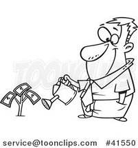 Cartoon Outlined Guy Watering His Money Plant by Toonaday