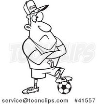 Cartoon Outlined Coach Guy Resting a Foot on a Soccer Ball by Toonaday