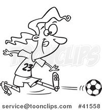 Cartoon Outlined Girl Kicking a Soccer Ball by Toonaday