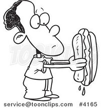 Cartoon Black and White Line Drawing of a Black Boy Holding a Big Hot Dog by Toonaday