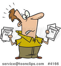 Cartoon Stressed Guy Holding past Due Bills by Toonaday