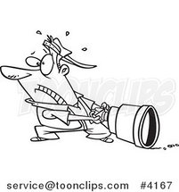 Cartoon Black and White Line Drawing of a Guy Pulling a Big Lens by Toonaday