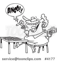 Cartoon Black and White Line Drawing of a Lady Shouting Bingo by Toonaday