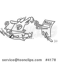 Cartoon Black and White Line Drawing of a Bill Chasing a Guy by Toonaday