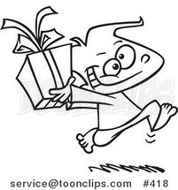 Cartoon Coloring Page Line Art of a Black Boy Running with a Gift Box by Toonaday