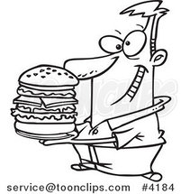 Cartoon Black and White Line Drawing of a Guy Holding a Big Burger by Toonaday