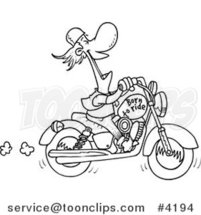 Cartoon Black and White Line Drawing of a Biker Laughing on His Motorcycle by Toonaday